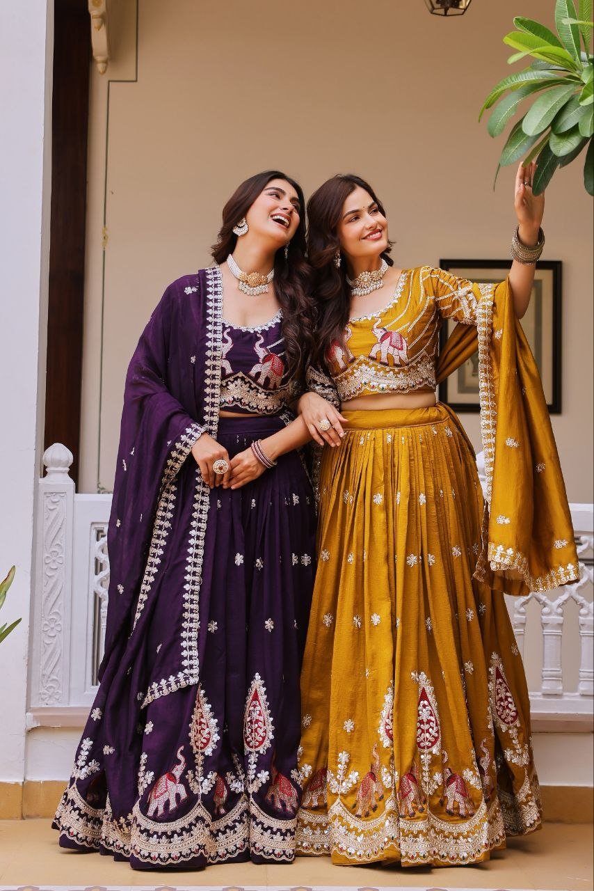Elephant Motif Embroidered Silk Lehenga Set with Lace Border Dupatta - Surat Wholesale Ethnic Wear (Photo 1)