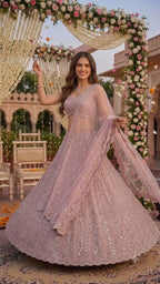 Sequined Thread Work Georgette Lehenga Set with Scalloped Net Dupatta
