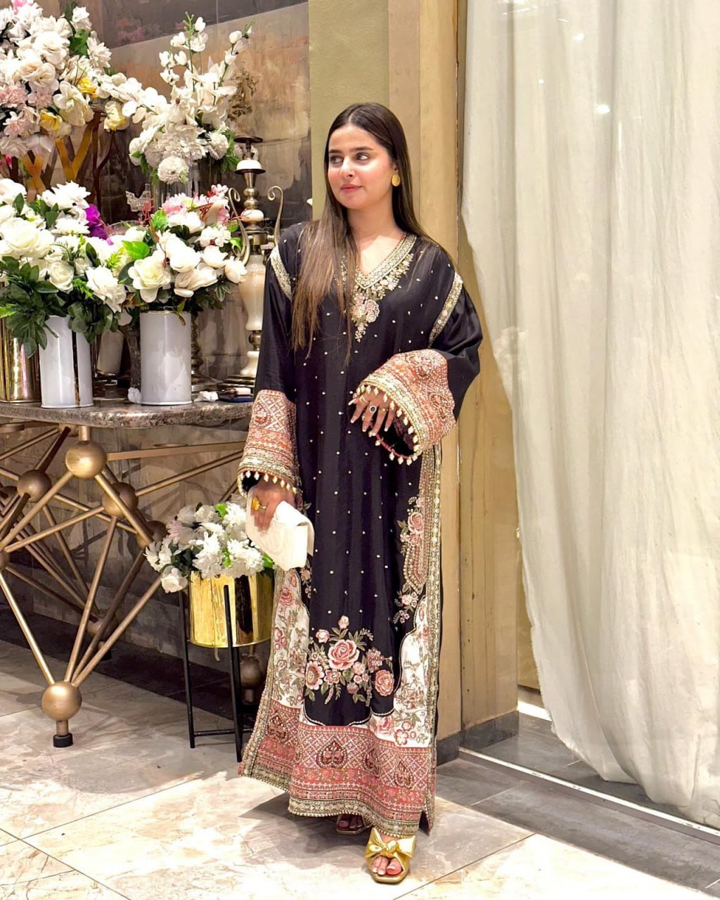 Embroidered Kaftan Kurta Set with Intricate Floral Borders and Shell Detail Cuffs