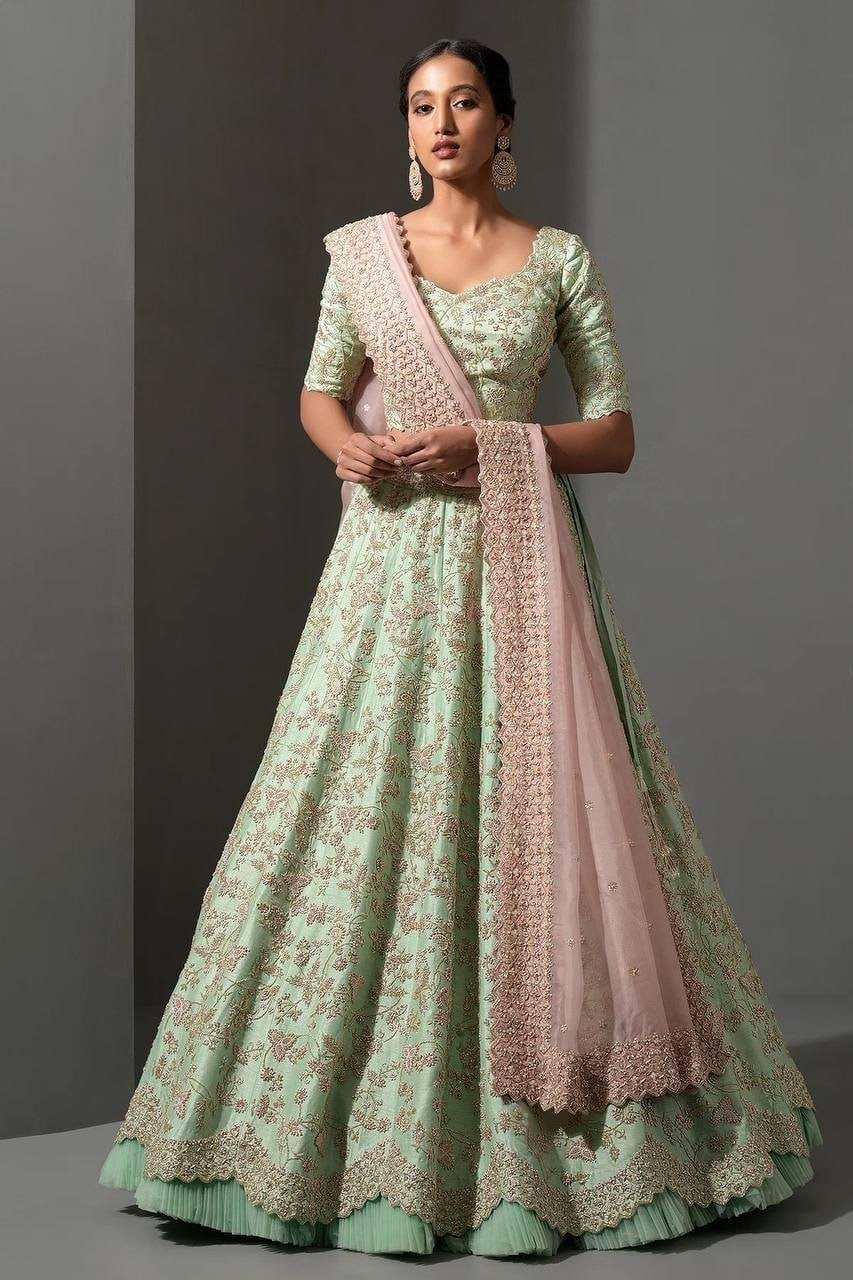 Delicate Floral Embroidered Lehenga Choli with Embroidered Cutwork Border Dupatta - Surat Wholesale Ethnic Wear (Photo 1)