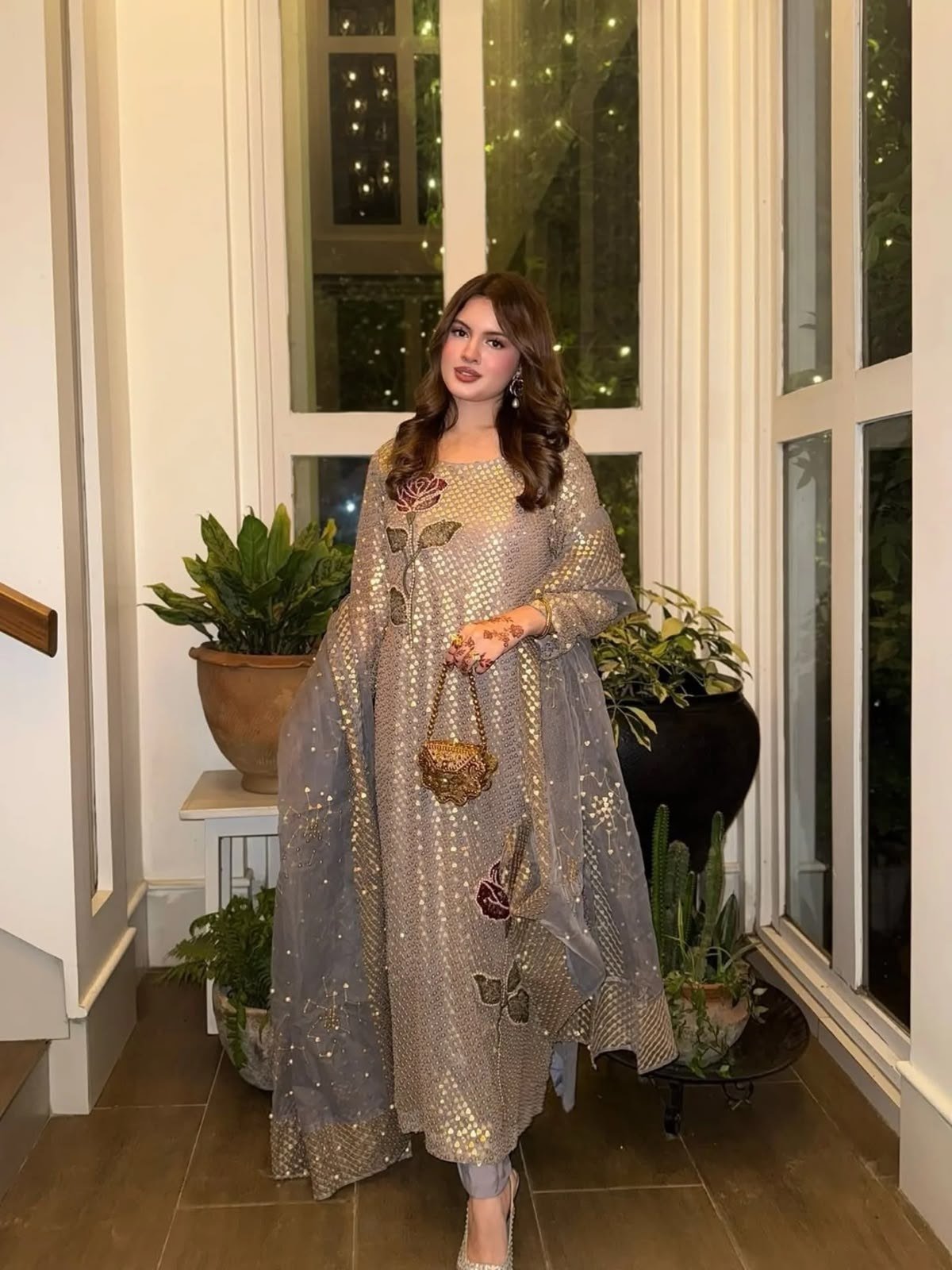 Royal Heritage Embroidered Anarkali Suit Ensemble With Intricate Floral Motifs and Shimmering Details