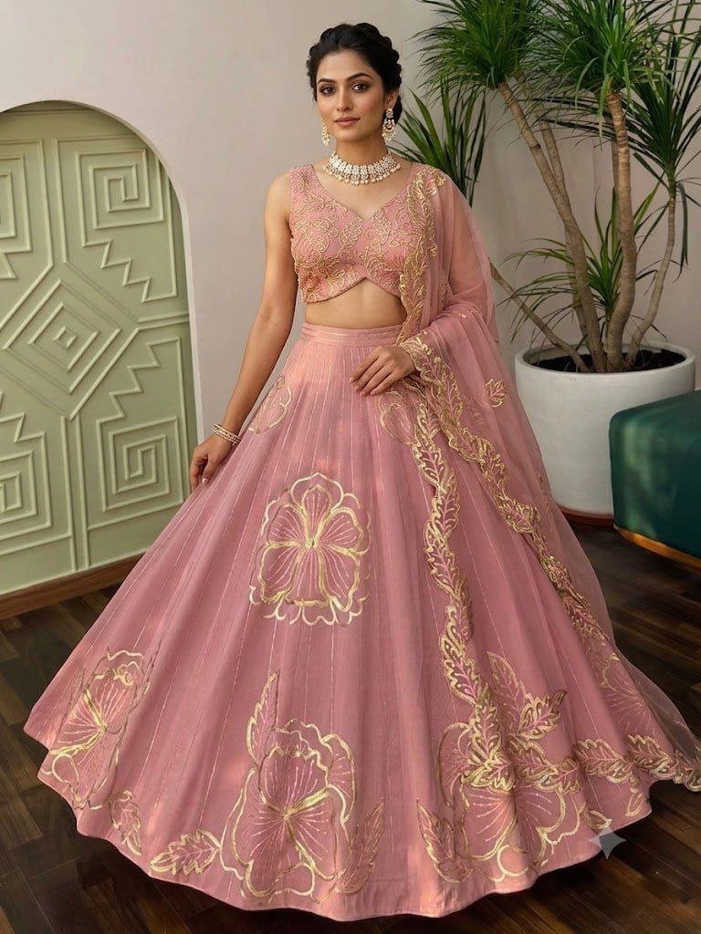 Gold Thread Embroidered Floral Lehenga Set with Scalloped Dupatta
