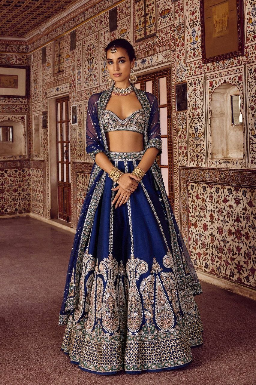 Paisley Motif Embellished Silk Lehenga Set with Draped Jacket Cape