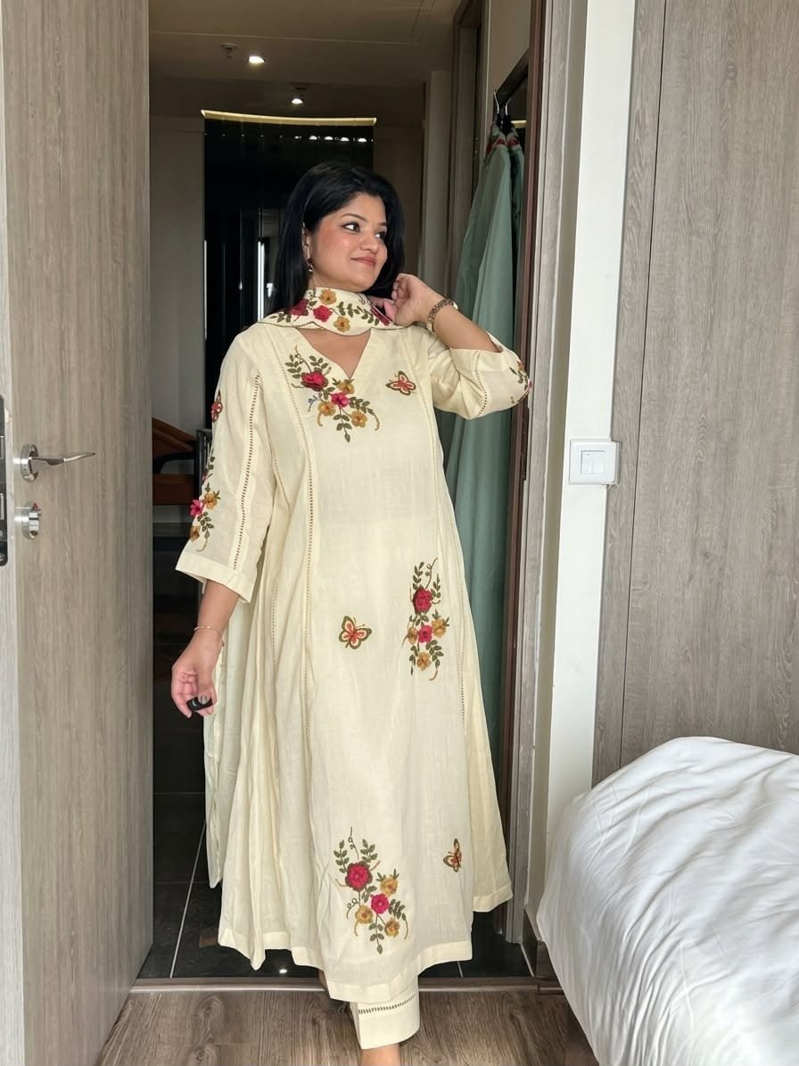 Garden Floral Romance Embroidered Anarkali Kurta with Dupatta Set