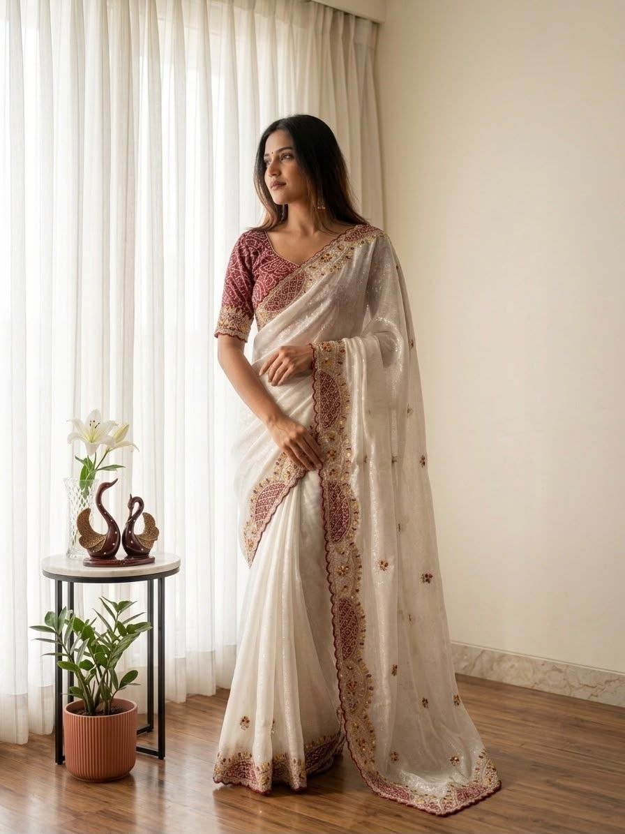Cutwork Embroidered Organza Saree with Printed Blouse Exuding Subtle Grace