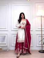 Intricate Embroidered Silk Straight Kurta and Palazzo Set with Heavy Dupatta