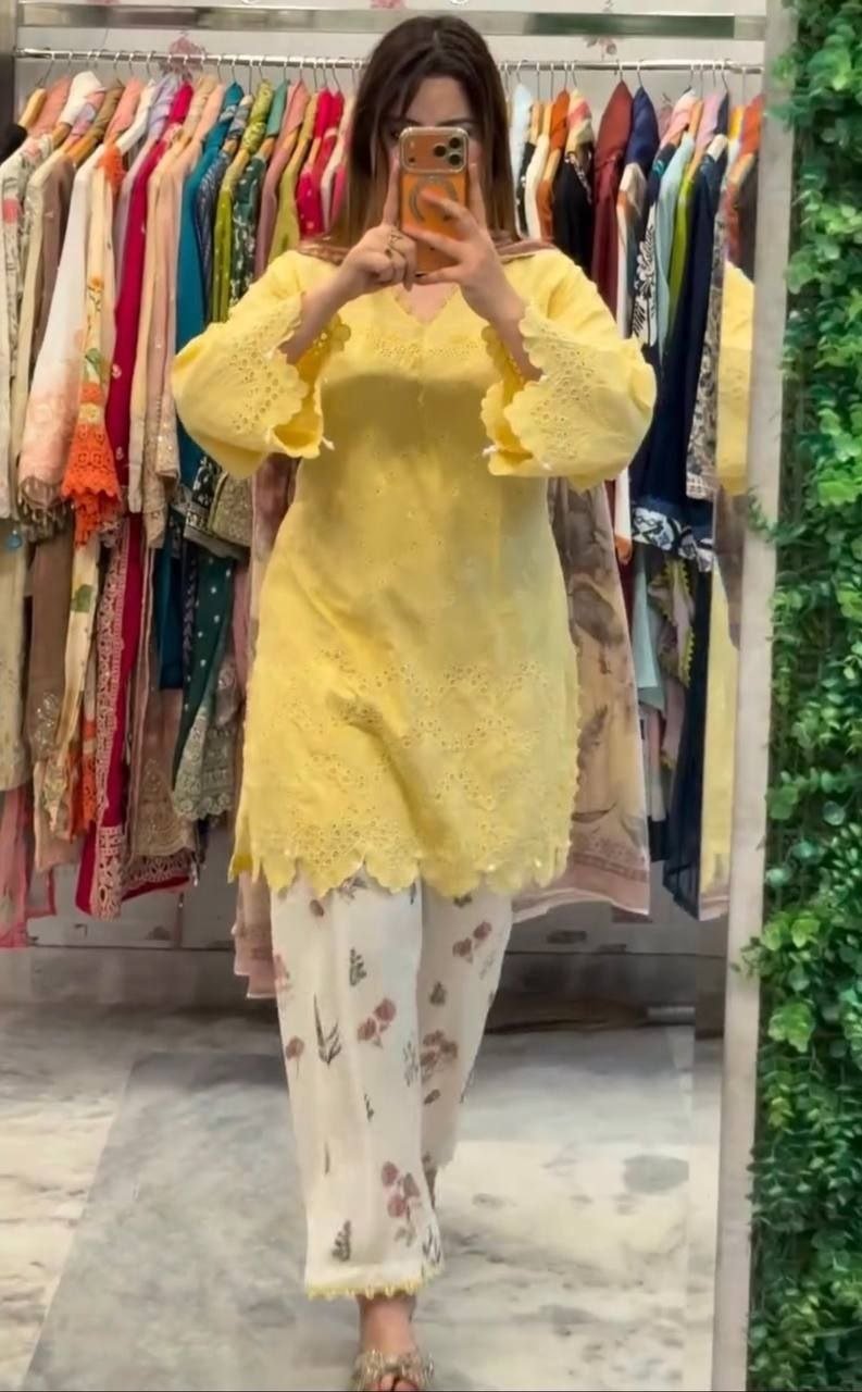 Sunlit & Vibrant Chikankari Cutwork Kurta with Printed Bottom