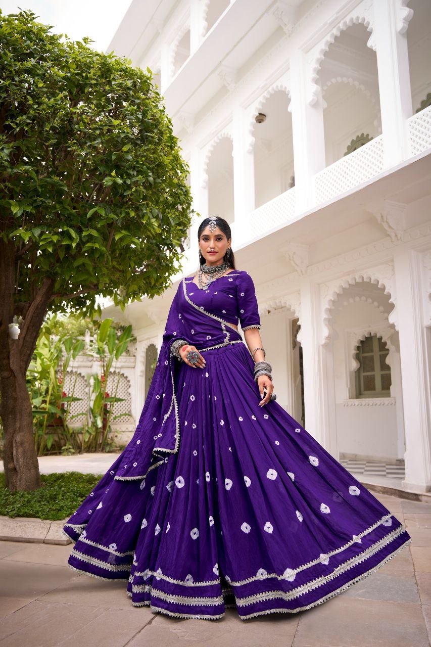 Traditional Bandhani Print Flared Lehenga Choli with Lace Border Dupatta