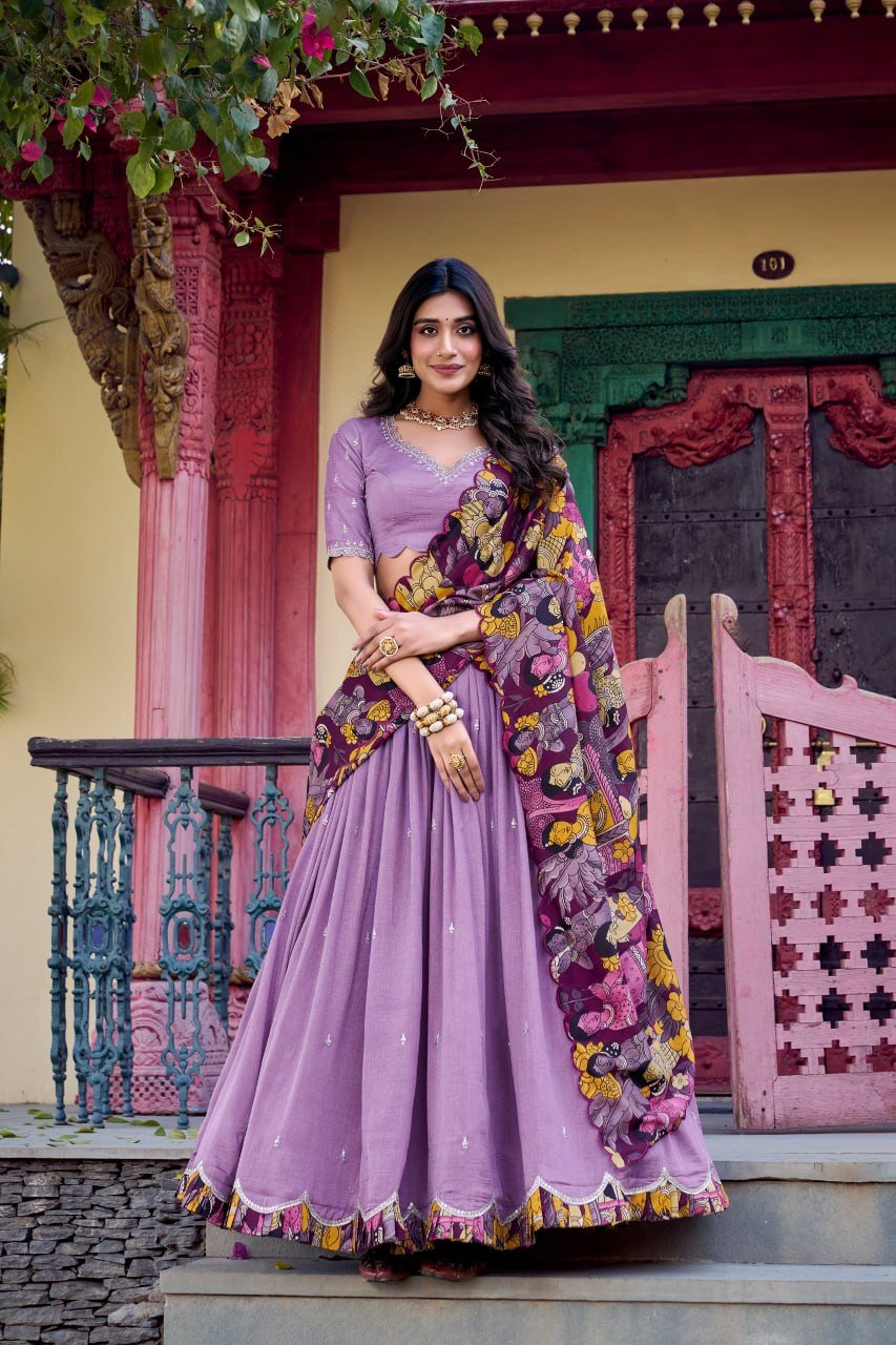 Traditional Kalamkari Print Border Silk Lehenga Set with Dupatta - Surat Wholesale Ethnic Wear (Photo 1)