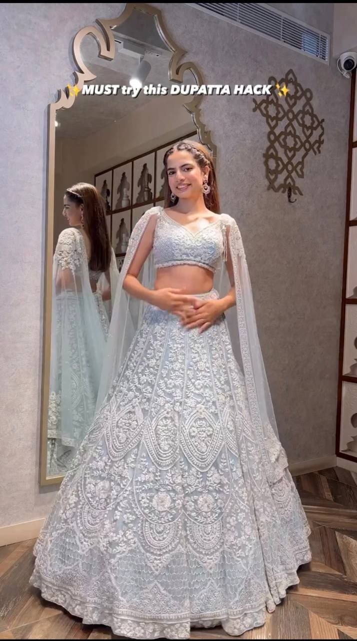 Chikankari Sequined Lehenga Set with Attached Cape Dupatta