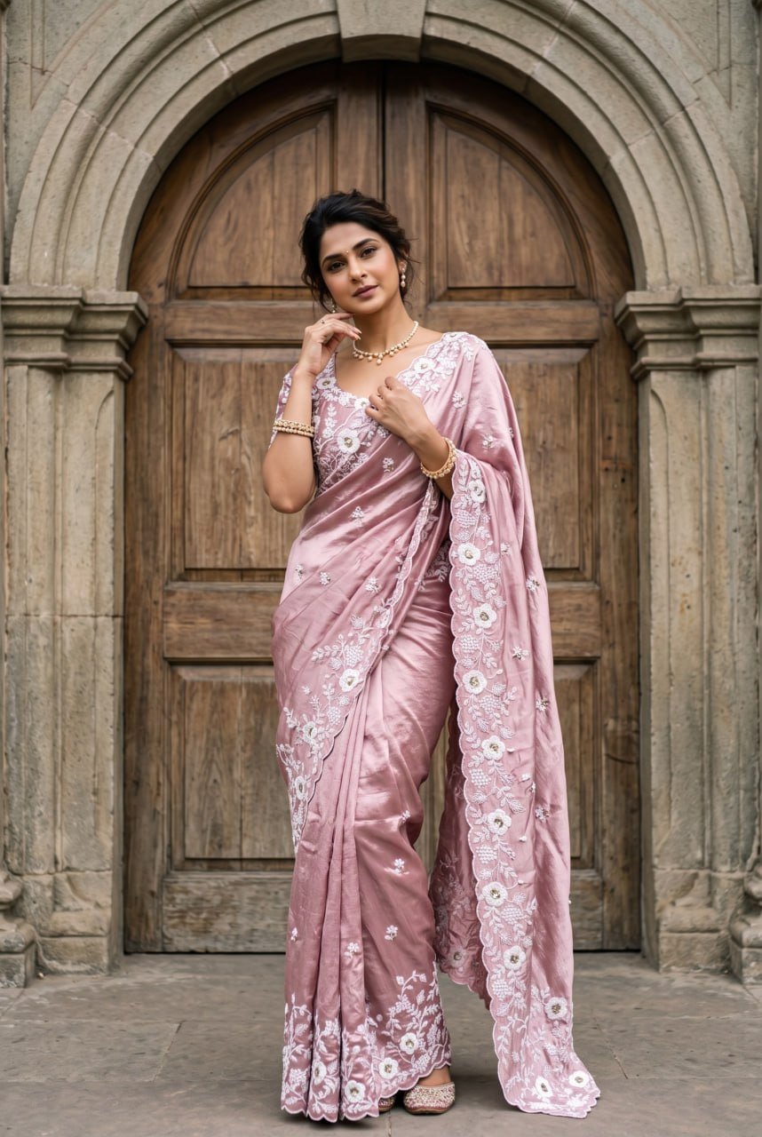 Opulent Luxury Floral Embroidered Saree with Intricate Scalloped Border Detailing - Surat Wholesale Ethnic Wear (Photo 1)