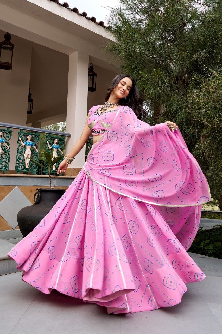 Bandhani Printed Flared Lehenga Choli Set With Gota Patti Accents