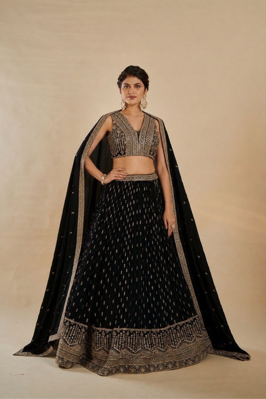 Zardosi Embroidered Velvet Lehenga Set with Attached Cape - Surat Wholesale Ethnic Wear (Photo 1)