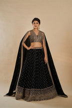 Zardosi Embroidered Velvet Lehenga Set with Attached Cape - Surat Wholesale Ethnic Wear (Photo 1)