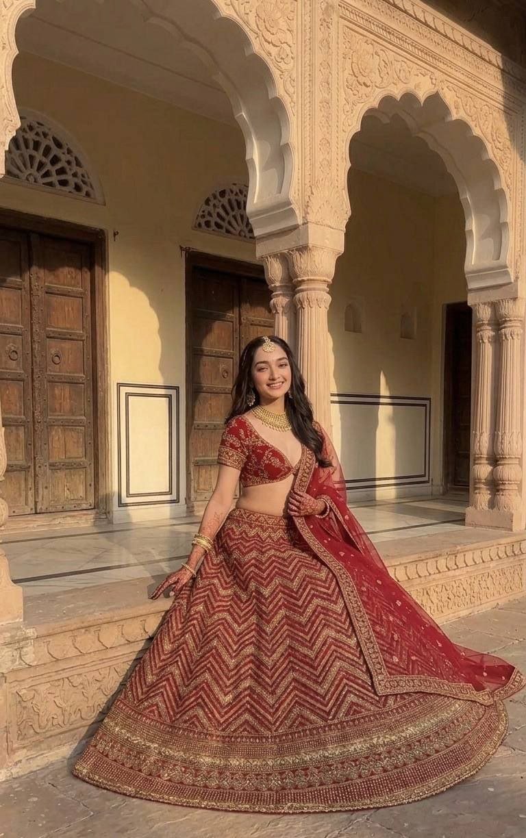 Chevron Embroidered Heavy Bridal Velvet Lehenga Set with Blouse