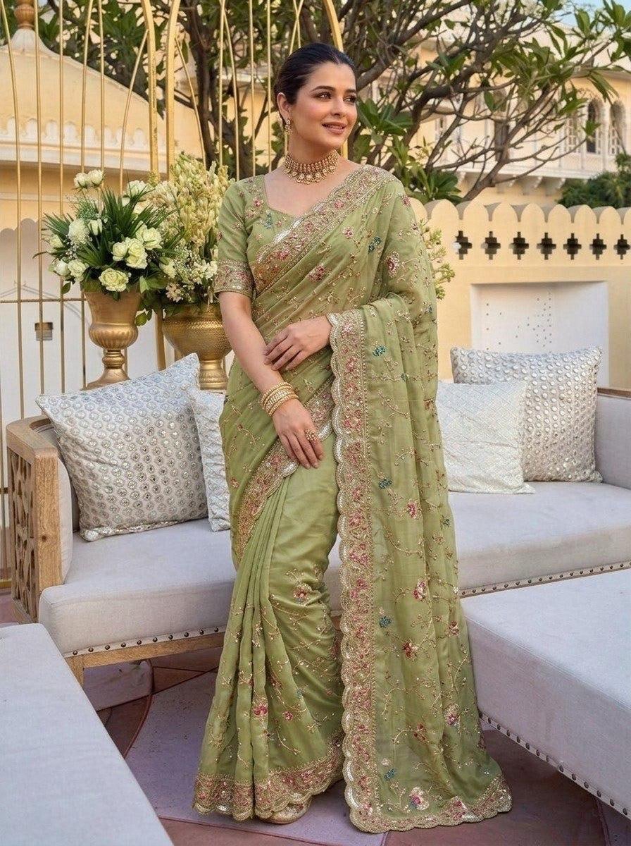 Royal Heritage Intricate Floral Embroidered Saree with Ornate Scalloped Border and Designer Neckline Blouse - Surat Wholesale Ethnic Wear (Photo 1)