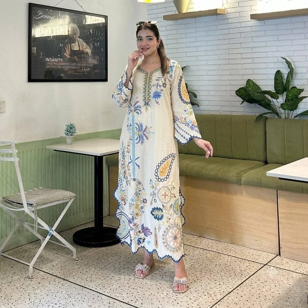 Boho Ethnic Fusion Floral Embroidered Scalloped Kaftan Kurti