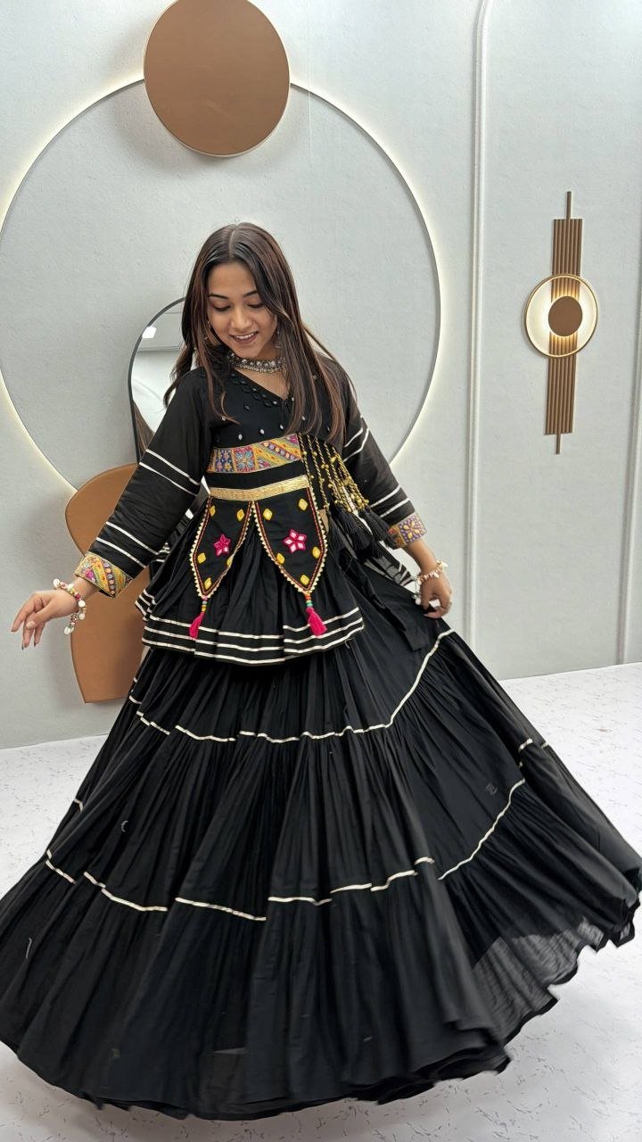Embellished Kutchi Mirror Work Tiered Flared Chaniya Choli Set