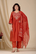 Intricate Embroidery Design on Solid Kurta Set with Striped Dupatta