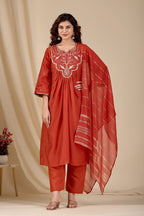 Intricate Embroidery Design on Solid Kurta Set with Striped Dupatta