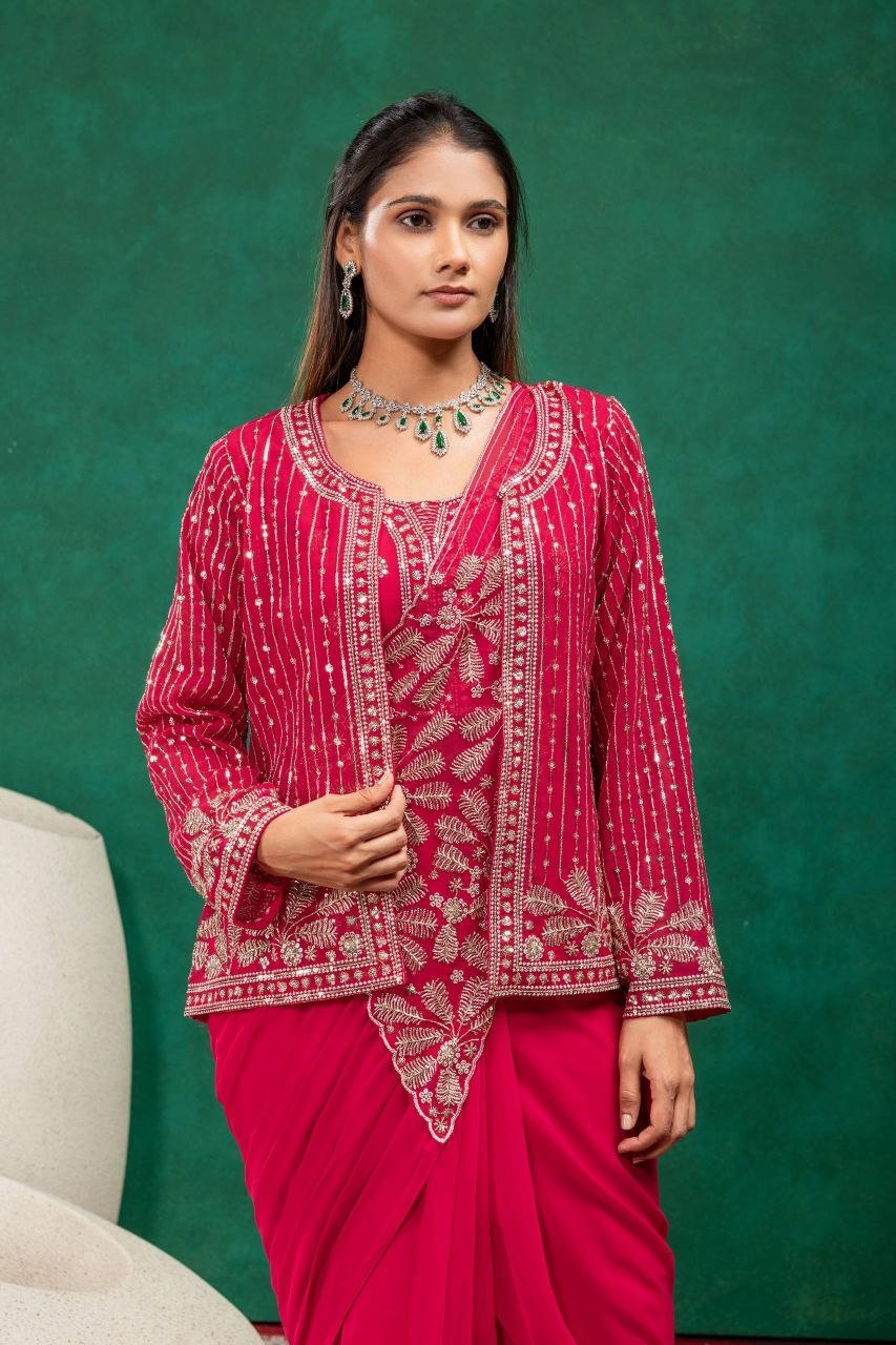 Sequined Heavy Work Jacket With Pre Stitched Draped Saree Set