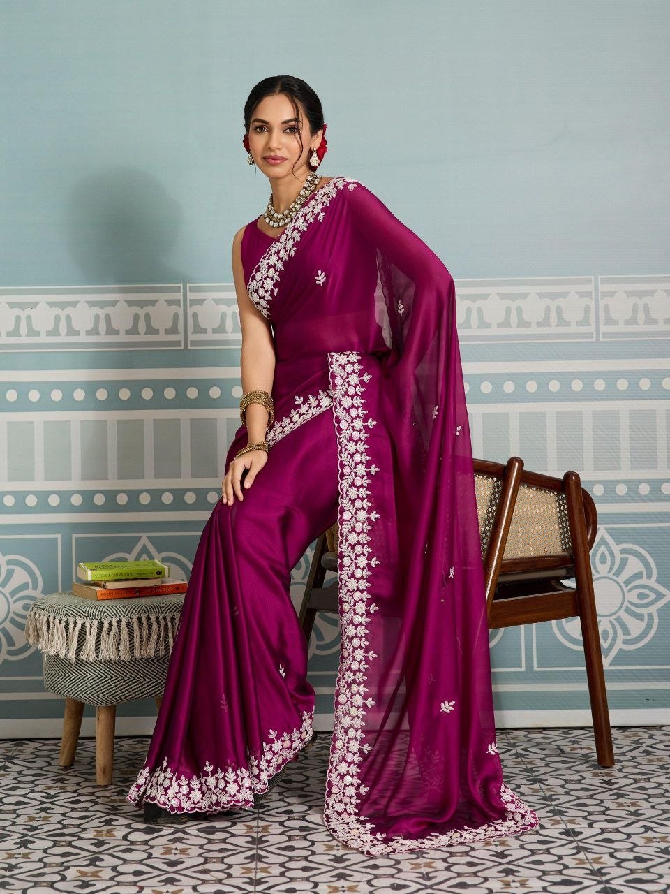 Contemporary Statement Floral Embroidered Saree with Scalloped Border
