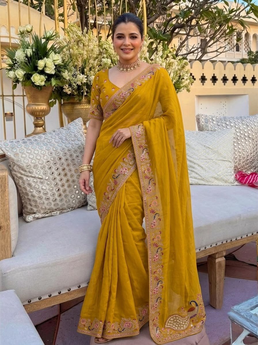 Royal Heritage Peacock Embroidered Saree with Intricate Floral Handwork and Ornate Designer Border - Surat Wholesale Ethnic Wear (Photo 1)