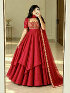 Cocktail Party Polish Layered Anarkali Gown with Embellished Neckline Dupatta - Surat Wholesale Ethnic Wear (Photo 1)