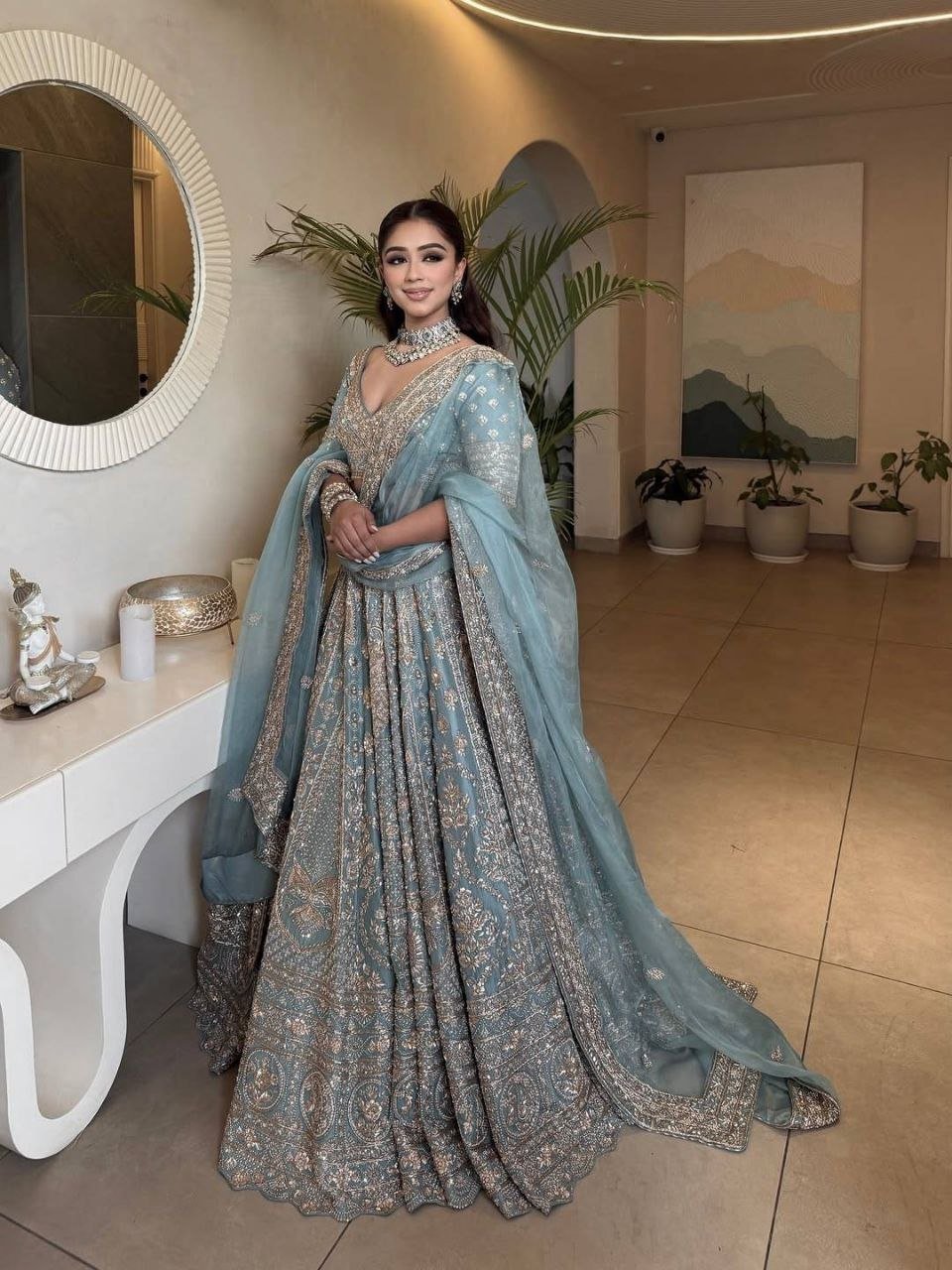 Sequined Heavy Embroidered Bridal Lehenga Set with Sheer Dupatta