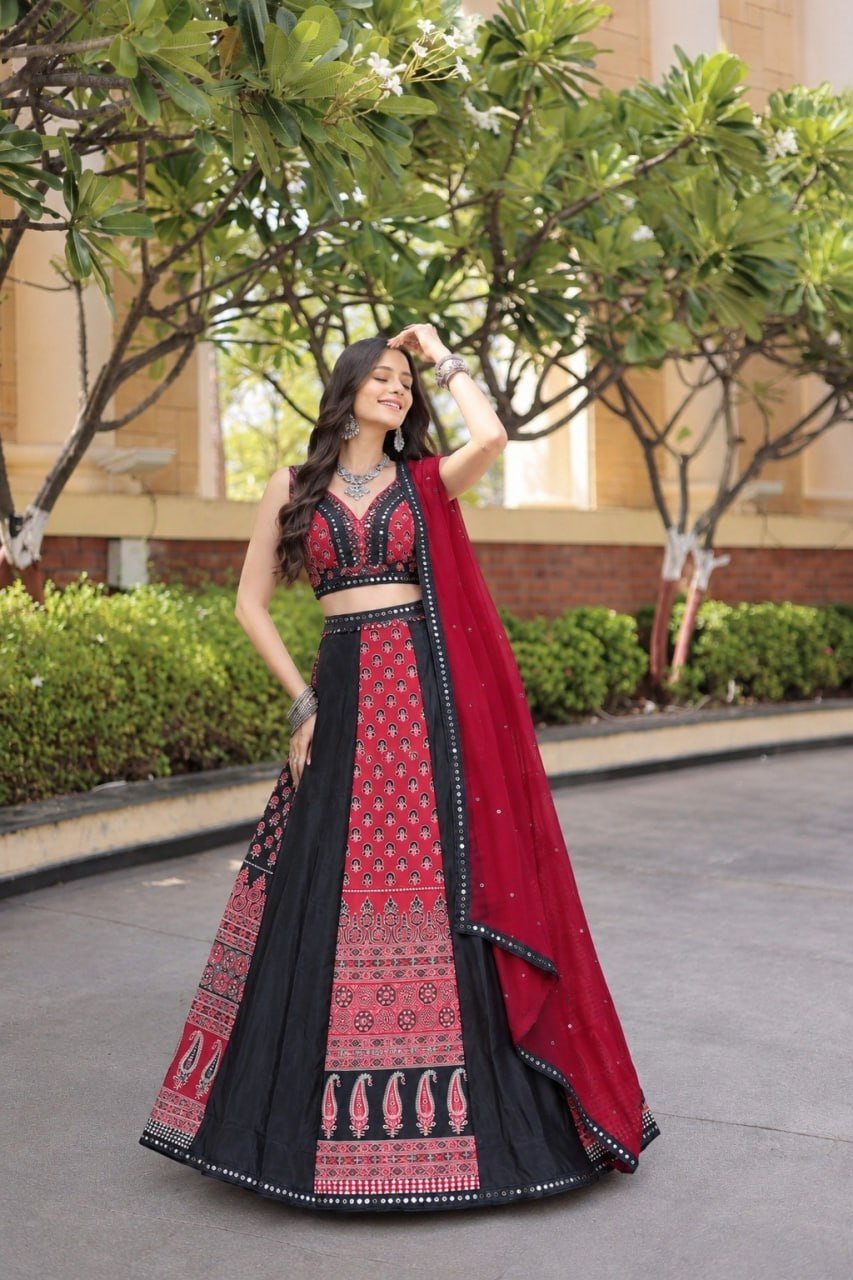 Ornate Printed Panel Flared Lehenga Choli with Mirror Work Border