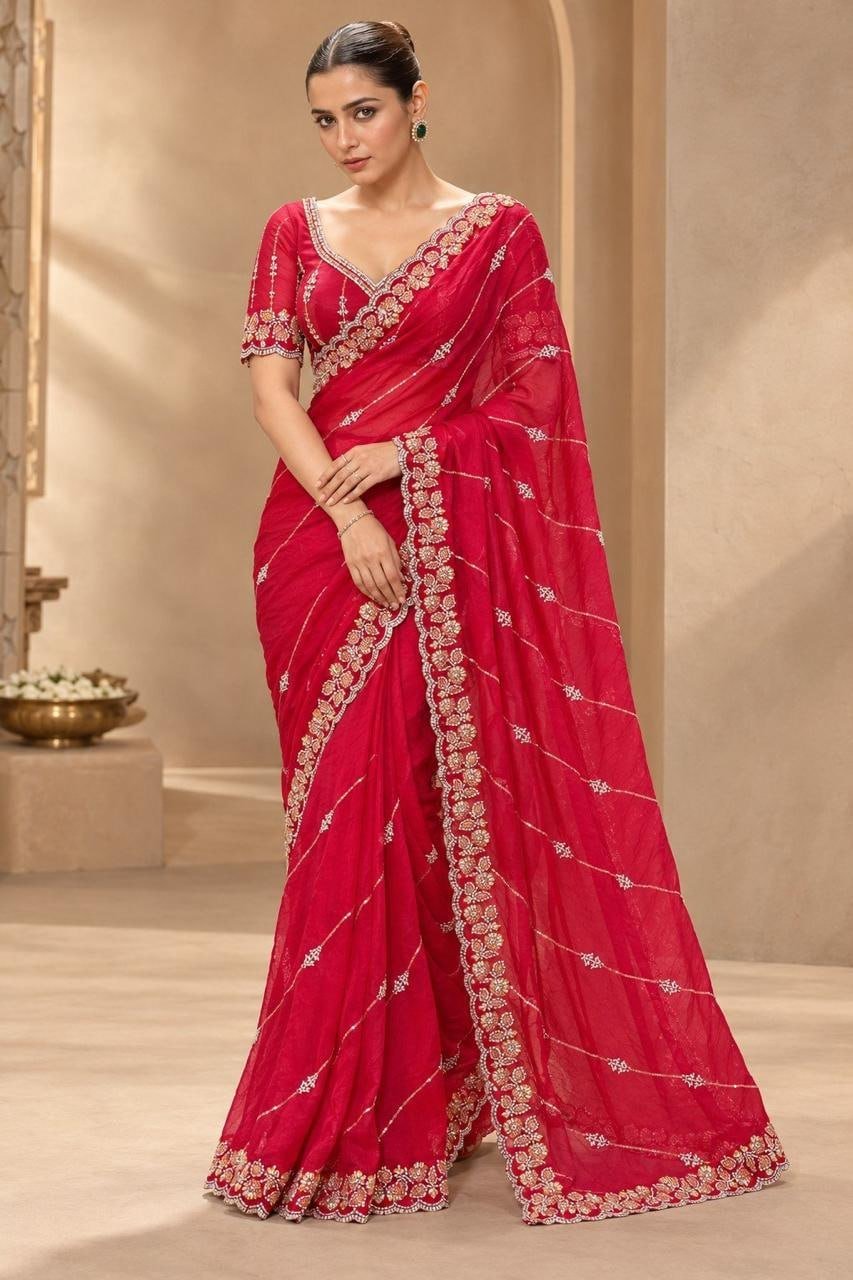 Timeless Splendor Embroidered Saree with Intricate Floral Zari Border Detailing - Surat Wholesale Ethnic Wear (Photo 1)