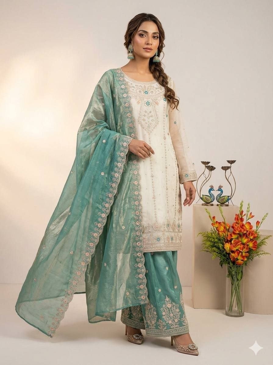 Intricately Embroidered Chanderi Salwar Suit with Sheer Dupatta