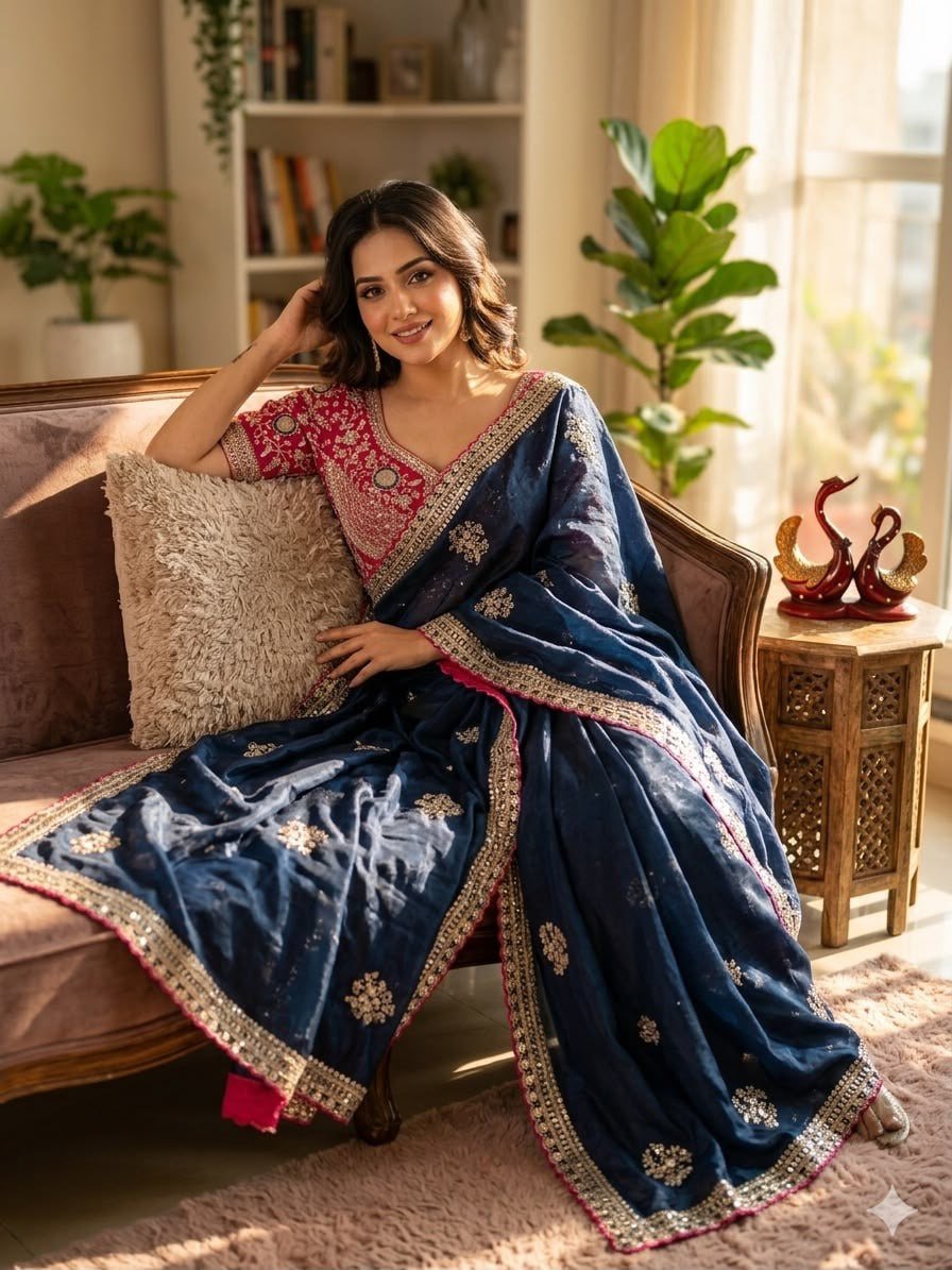 Royal Heritage Handcrafted Embroidered Draped Saree with Intricate Border Detailing