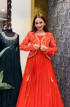 Festive Pleated Gown Ensemble with Embellished Jacket and Sheer Dupatta