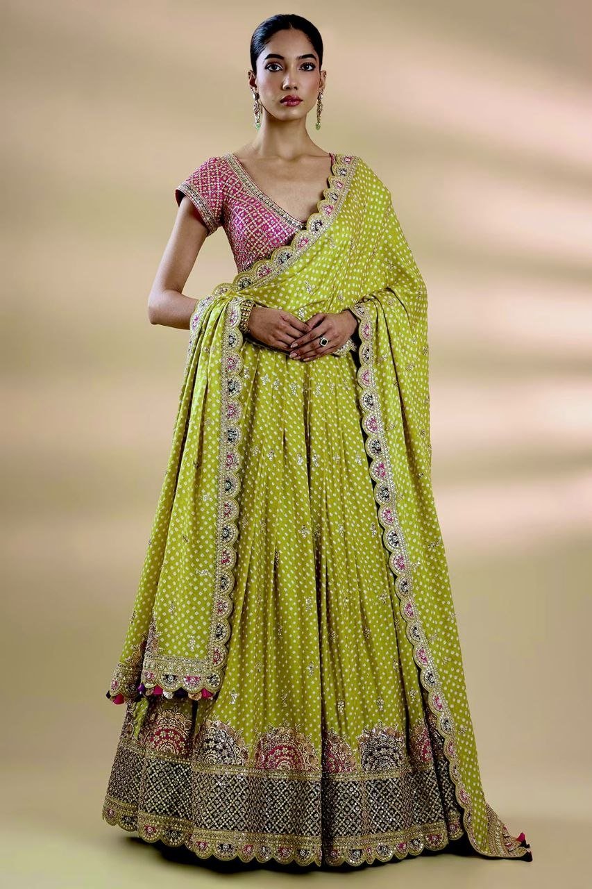 Bandhani Print Silk Lehenga Set with Embroidered Scallop Dupatta