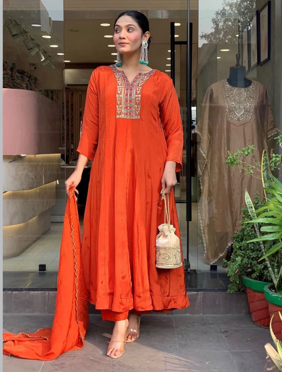 Festive Celebration Embroidered Neckline Anarkali Suit Set