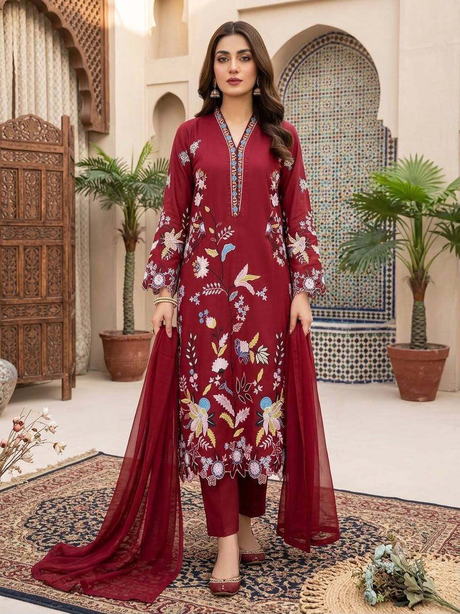 Embroidered Floral Straight Kurta Set with Chiffon Dupatta