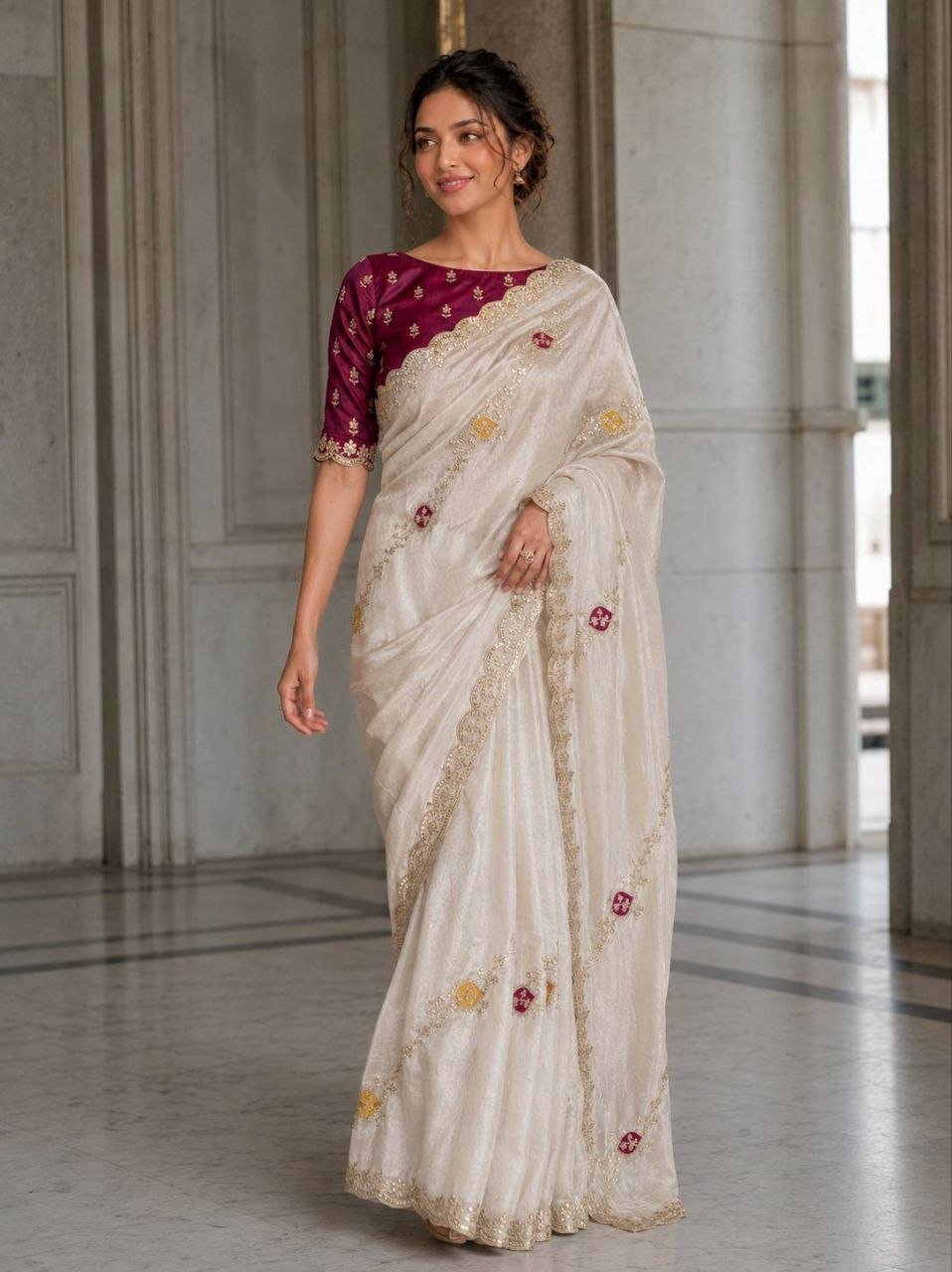 Scalloped Embroidered Tissue Silk Saree with Contrasting Blouse Unveiling Timeless Splendor