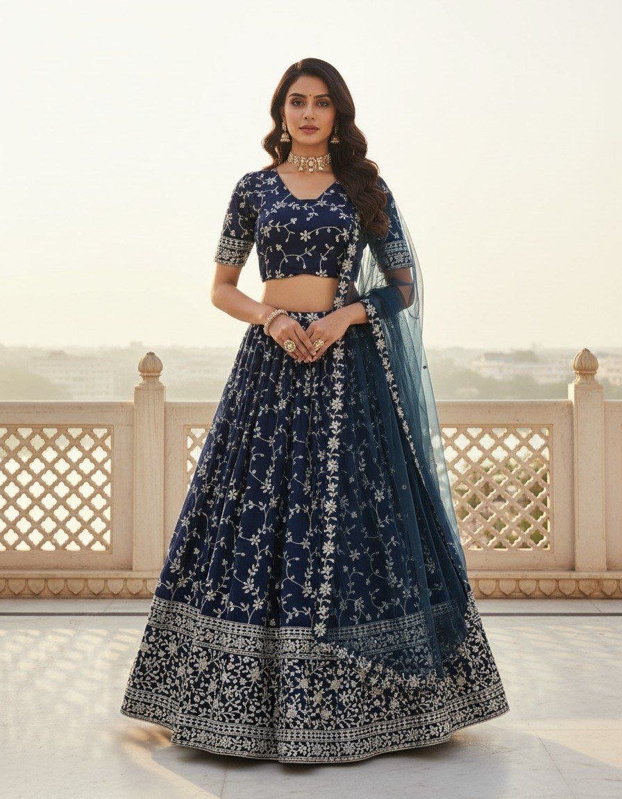 Floral Resham Embroidered Georgette Lehenga Set with Embroidered Border Dupatta - Surat Wholesale Ethnic Wear (Photo 1)