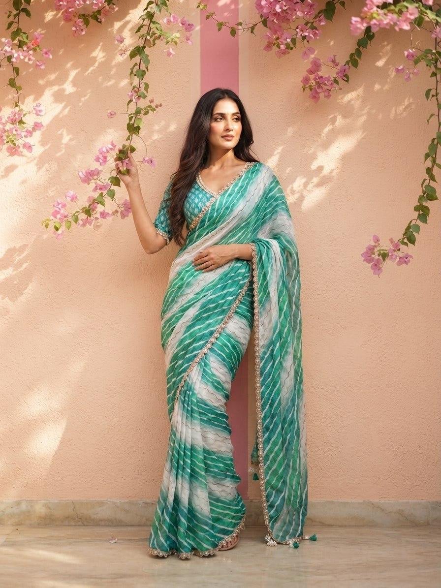Contemporary Statement Handcrafted Wave Pattern Saree with Delicate Scalloped Border