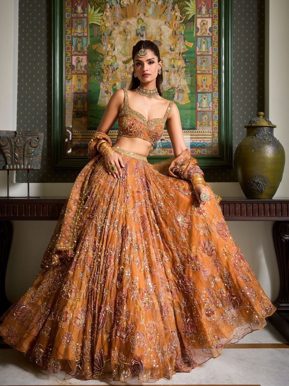 Organza Printed Lehenga Set with Intricate Sequined Threadwork
