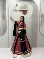 Printed Panel Flared Lehenga Choli with Lace Border Dupatta