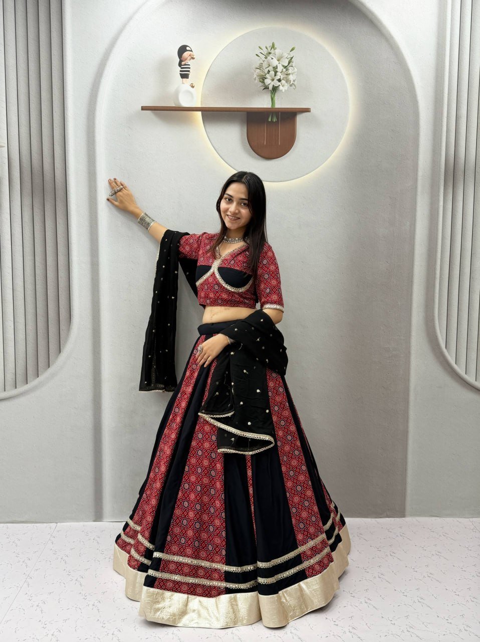 Printed Panel Flared Lehenga Choli with Lace Border Dupatta
