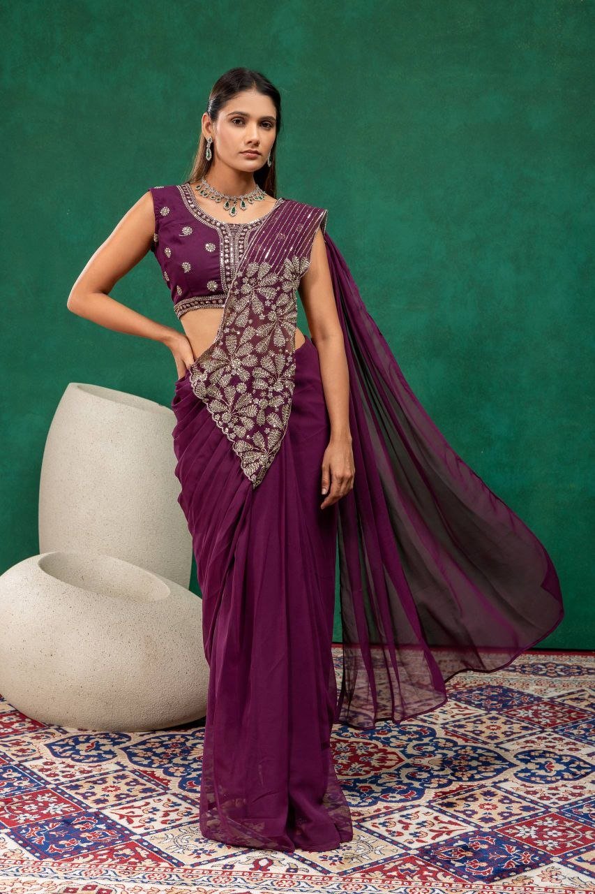 Sequined Heavy Work Jacket With Pre Stitched Draped Saree Set