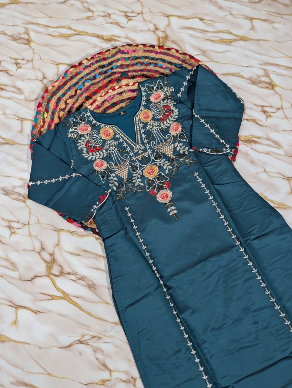 Subtle Grace Embroidered Straight Kurta Set with Tasseled Hem Dupatta