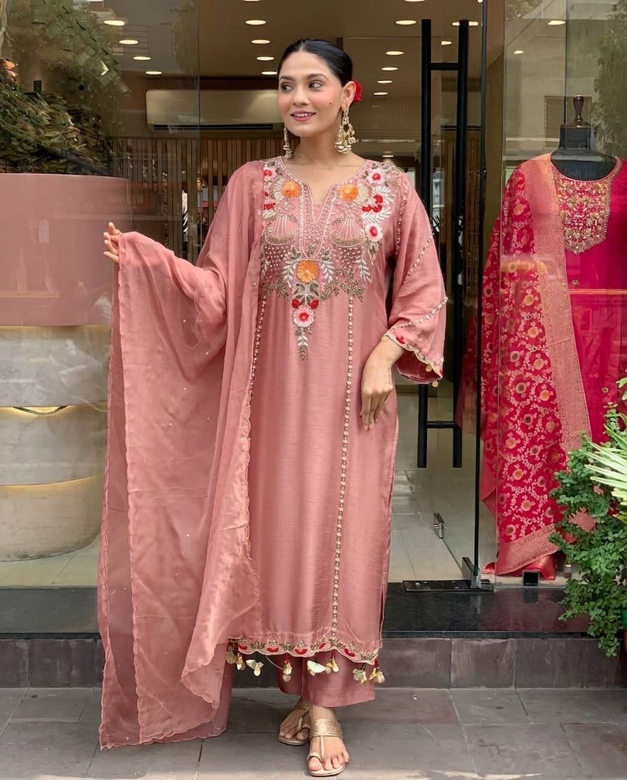 Subtle Grace Embroidered Straight Kurta Set with Tasseled Hem Dupatta