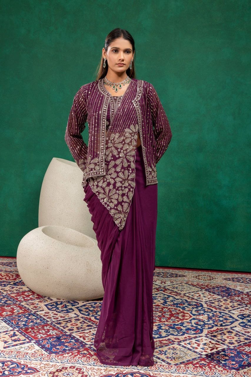 Sequined Heavy Work Jacket With Pre Stitched Draped Saree Set