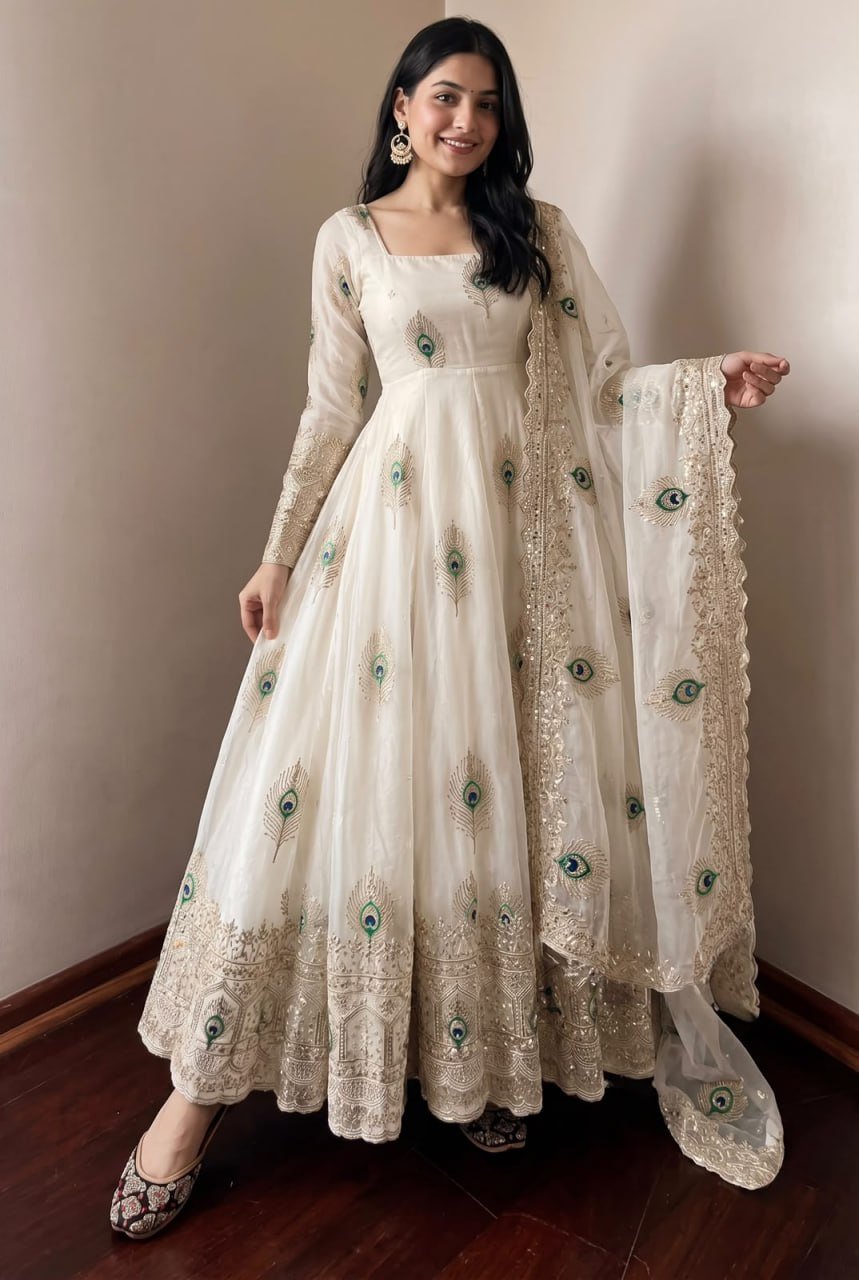 Embroidered Peacock Motif Flared Anarkali Suit Set With Dupatta
