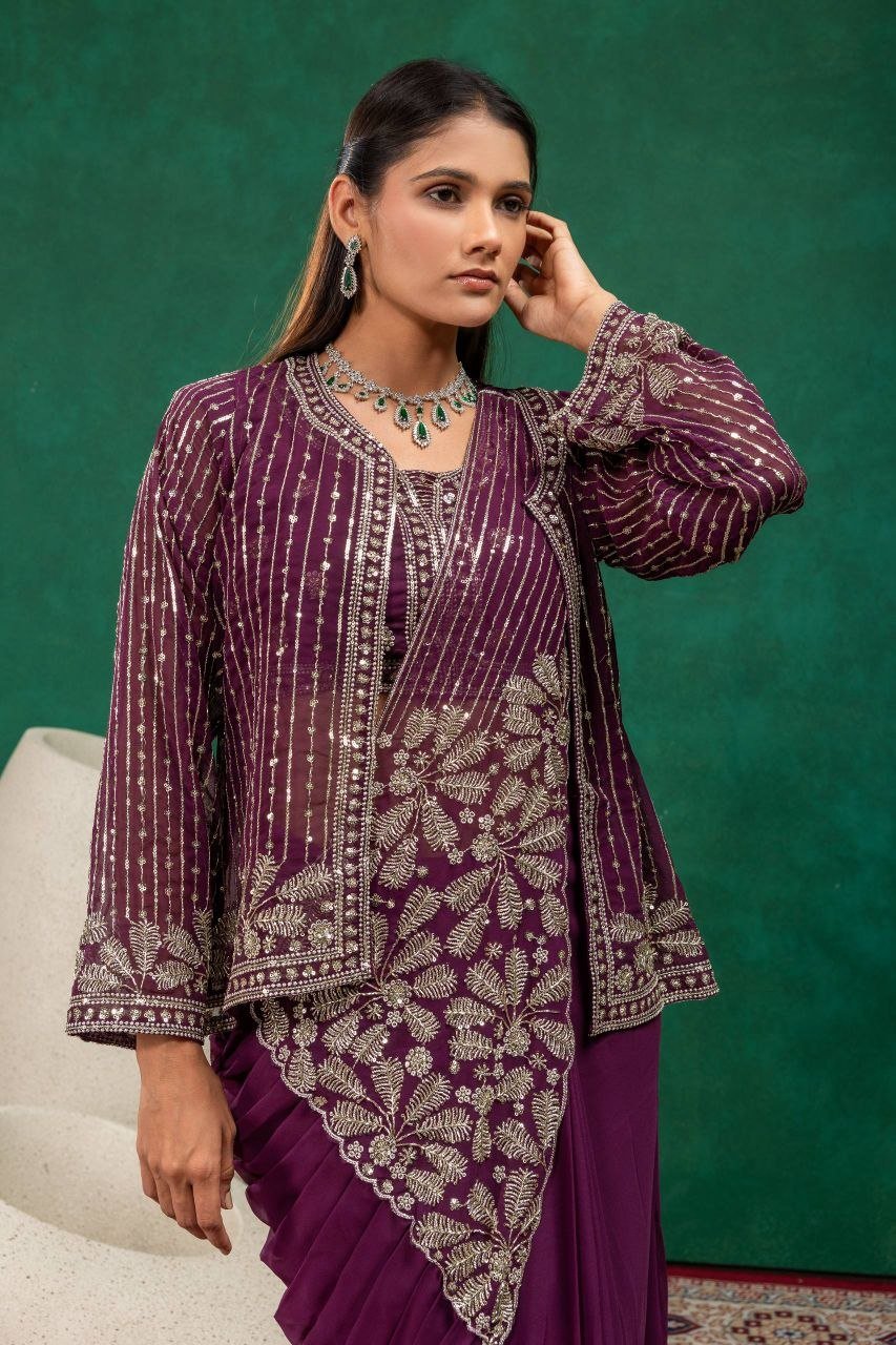 Sequined Heavy Work Jacket With Pre Stitched Draped Saree Set