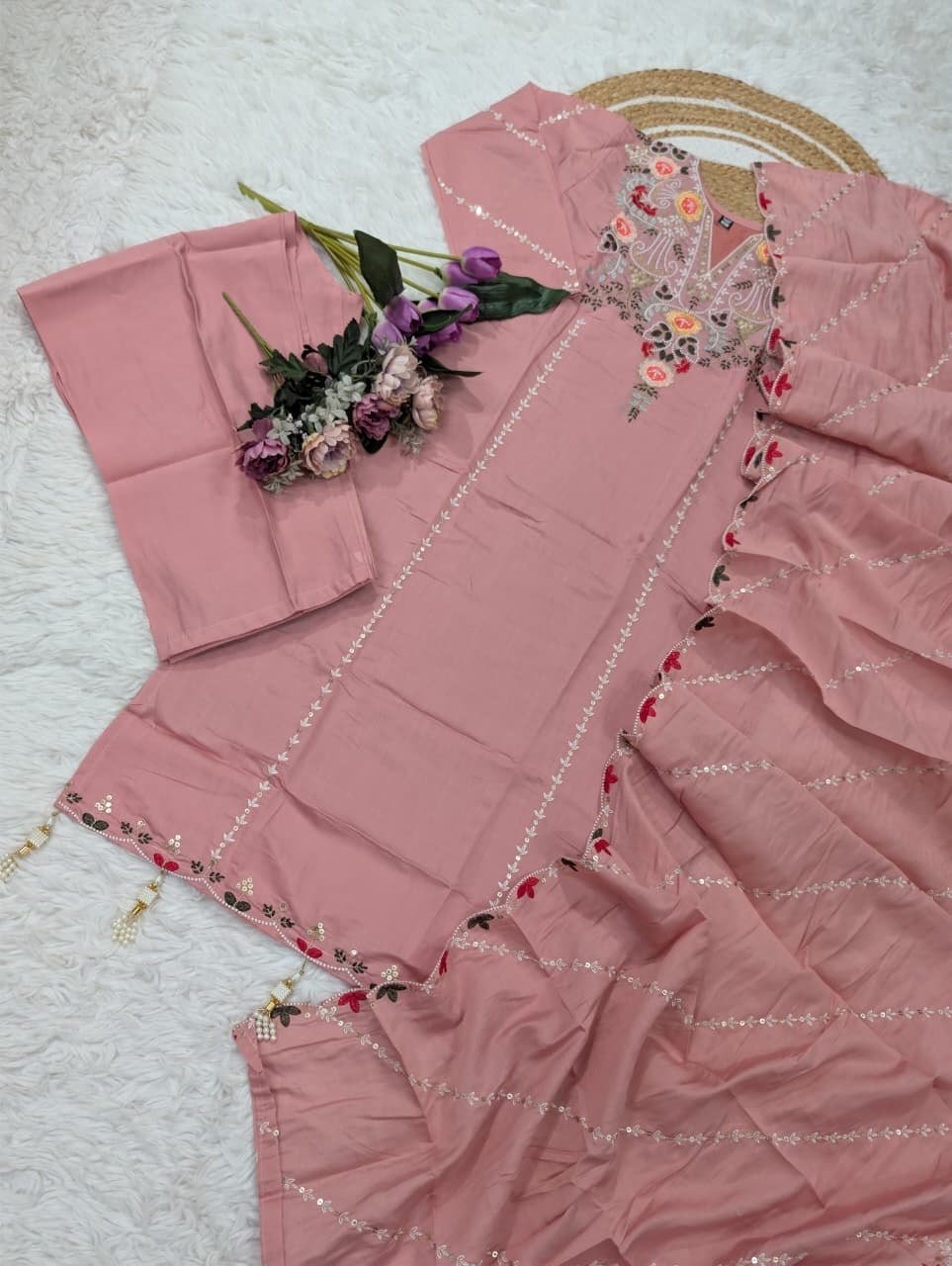 Subtle Grace Embroidered Straight Kurta Set with Tasseled Hem Dupatta